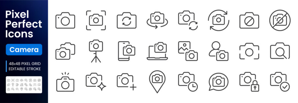 Camera line icon set. Photography autofocus, rotate, sync, tripod, webcam, photo search, flash timer, location minimal vector illustration. Simple outline signs. 48x48 Pixel Perfect. Editable Stroke
