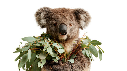 Fluffy koala bear holding a bundle of fresh green eucalyptus leaves © Cressida