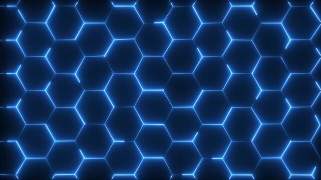Abstract Colorful Glowing neon line Wall of Random shifted neon honeycomb hexagon background metaverse, hexagon technology ,streaming concept. 4K Video motion graphic animation .Video overlay