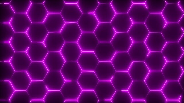 Abstract Colorful Glowing neon line Wall of Random shifted neon honeycomb hexagon background metaverse, hexagon technology ,streaming concept. 4K Video motion graphic animation .Video overlay