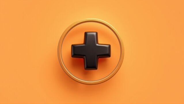Orange background features circular emblem. Dark cross symbol centered within golden ring. Simple, clean design. Medical or assistance related.