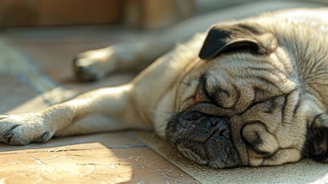 Close-up of a Pug Dog Sleeping on a Tiled Surface