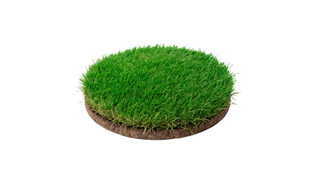 Round patch of green grass turf lawn field isolated on transparent background.