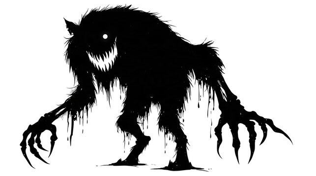 Black silhouette of a monstrous creature with sharp claws and glowing white eyes