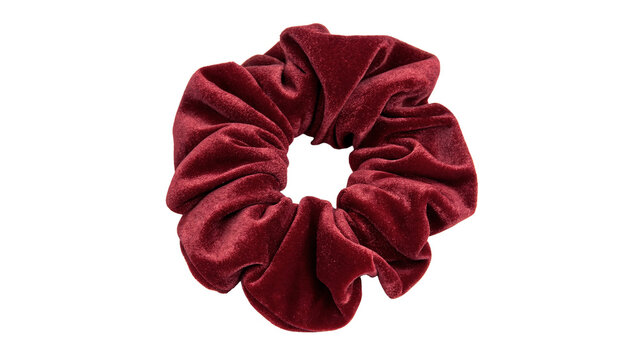 Dark red velvet hair scrunchie elastic band isolated on transparent background.