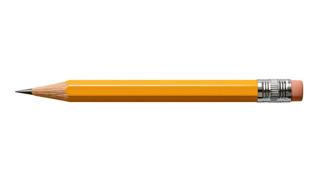 Sharpened yellow wooden pencil with pink rubber eraser and metal ferrule