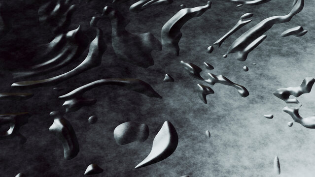 Black liquid splashing with glossy droplets on dark surface