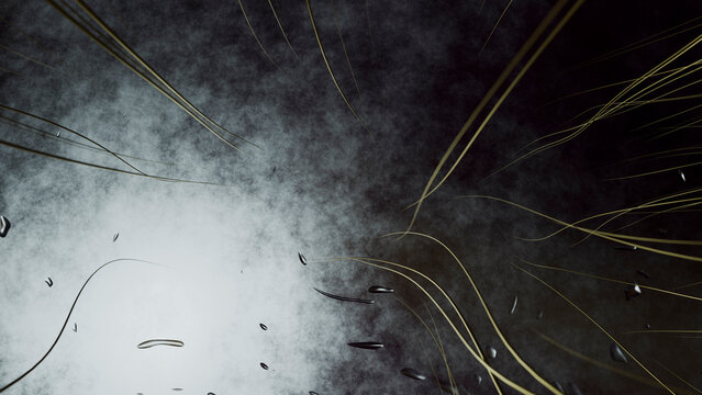 Abstract digital art with wispy strands and floating shapes on dark