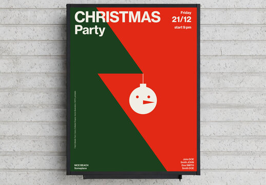 Christmas Party Poster Template with Snowman Decoration on Xmas Tree
