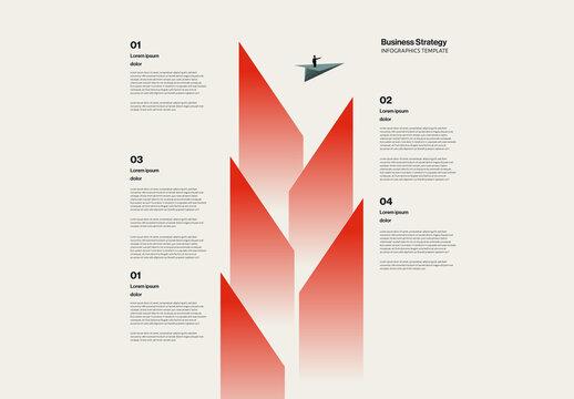 Business Strategy Steps Infographic Template with Geometric Shapes and Paper Plane Illustration