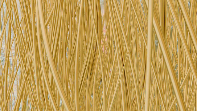 Yellow uncooked spaghetti pasta strands close-up view