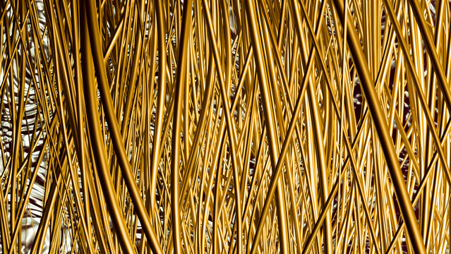 Golden thin metal rods forming an intricate abstract pattern
