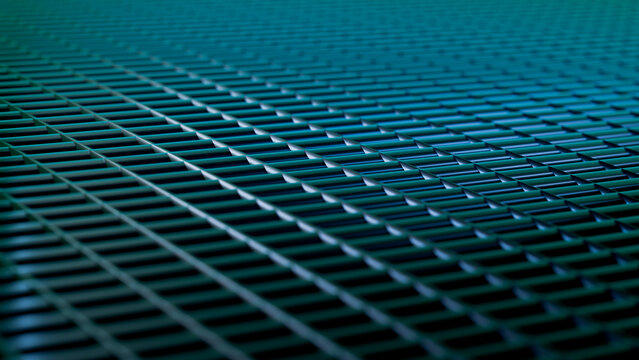 Blue metal grid pattern forming a repeating geometric design