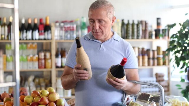  Elderly man buyer chooses bottle of wine in grocery store
