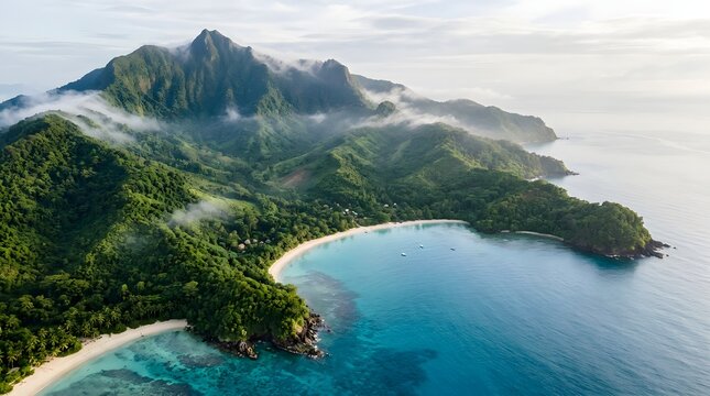 Aerial view of a tropical volcanic island coastline with lush green forest