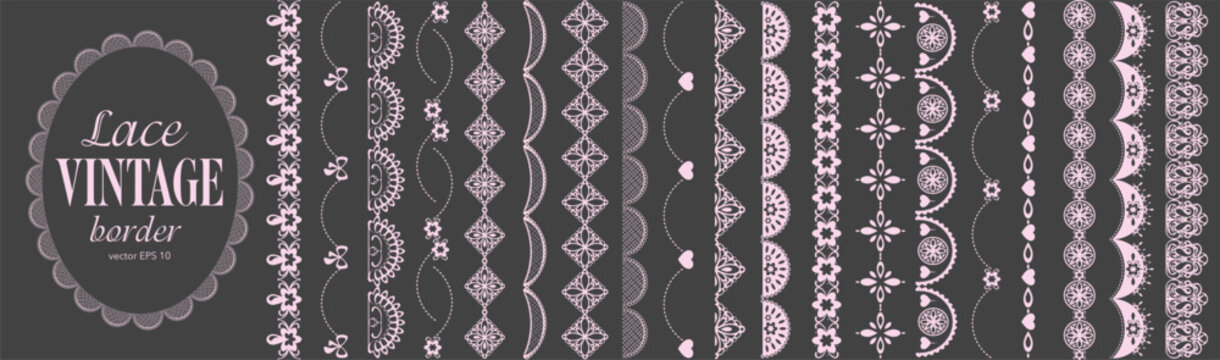 Lace scallop border with vintage trim line pattern and vector brush frame. Decorative edge featuring floral ribbon crochet fabric frill heart cute seamless paper ornament with delicate vintage design.