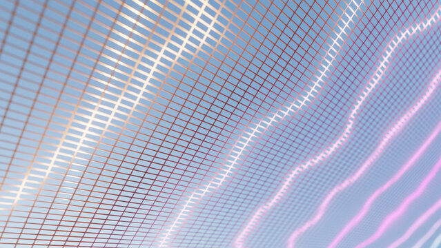 Curved digital grid with colorful wave lines and mesh design