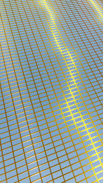 Gold and blue reflective grid pattern with shiny rectangular tiles