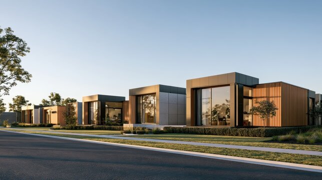 Geometric modular architecture: minimalist homes with large glass walls and timber cladding along a green lawn