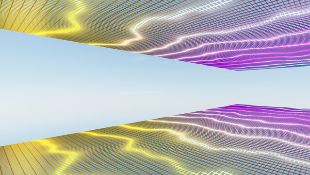 Digital screens with neon grid patterns reflecting clear blue sky