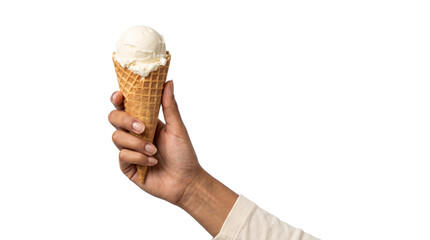 Vanilla ice cream scoop melting slightly on a waffle cone is raised upward in isolated PNG with...