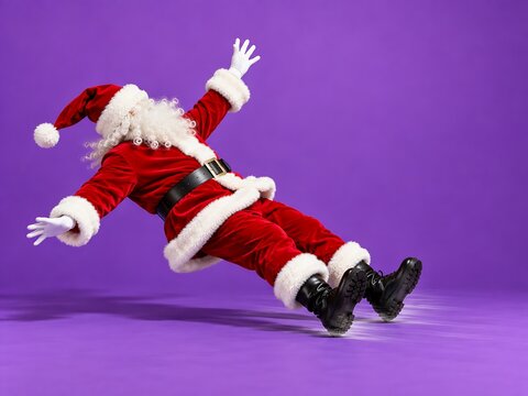 Santa claus in a red suit falling backwards with arms outstretched against a solid vibrant purple studio background, for holiday fun