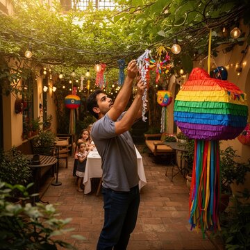 Family celebration features colorful pi&ntilde;atas in outdoor setting. Man prepares decorations in garden ambiance with warm lighting and lush greenery surrounding tables and guests