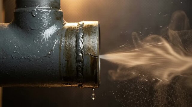 metal pipe leaking steam from a cracked welded joint in a dark industrial setting under dramatic lighting conditions