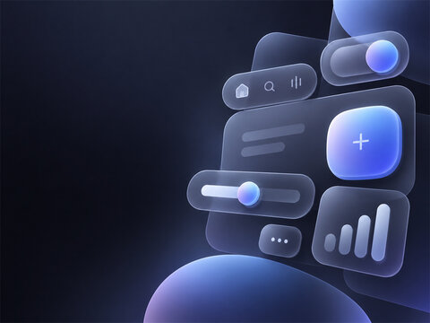 Futuristic tangible user interface with pillowy translucent buttons sliders icons and glowing rounded controls emerging from soft dark forms for innovative design interaction and technology concepts
