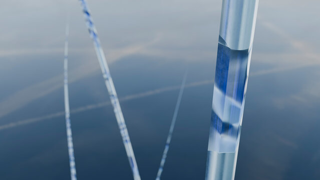 Blue crystal rods abstract art sculpture with reflective surfaces