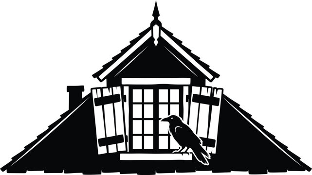 Black and white silhouette illustration of a crow perched on the window sill of an attic dormer