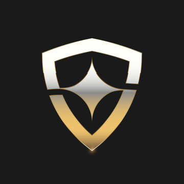 Elegant S logotype gold shield design, minimal heraldic security emblem isolated on dark background