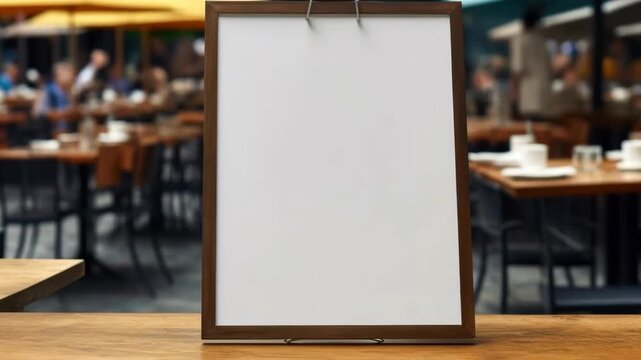 Blank white menu board in a wooden frame at an outdoor cafe