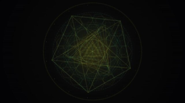 Geometric lines form a spinning polyhedron inside a glowing circle against a black background.