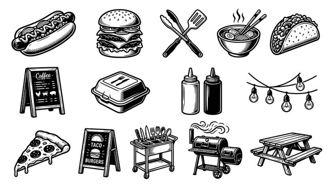 Street Food and Restaurant Cafe BBQ Icons Set. Vintage Engraving Black and White Line Art.