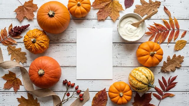 Autumn flat lay with pumpkins leaves and blank paper on rustic wood