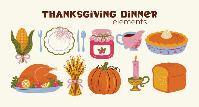 Thanksgiving Dinner Elements Set with Turkey Pumpkin Pie Wheat and Table Setting Icons, Autumn Harvest Palette, Flat Vector Illustration