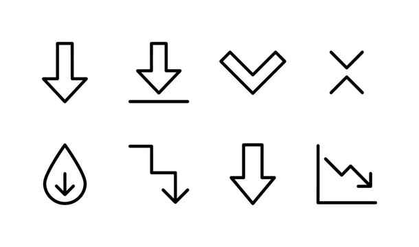 Down Direction Symbols, line icon set featuring downward arrow, download arrow, descending chevron, collapse icon, drop indicator, lower level symbol, scroll-down arrow and decrease chart, covering