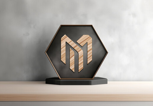 Black Trophy With Wooden Logo Mockup