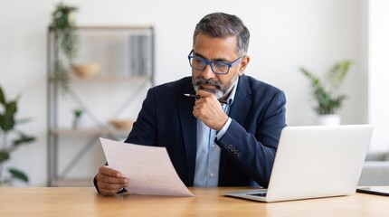 Obraz premium Man in suit reviewing document near laptop at desk.