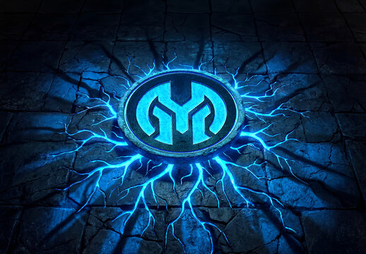 Blue Glowing Logo Engraved in a Dark Pedestral Stone Mockup
