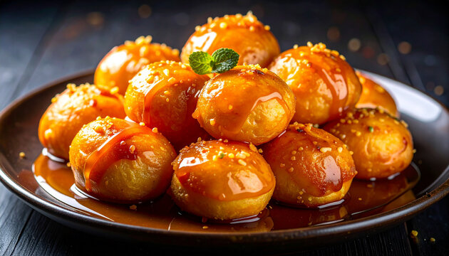 Chak chak fried dough coated with glossy honey syrup