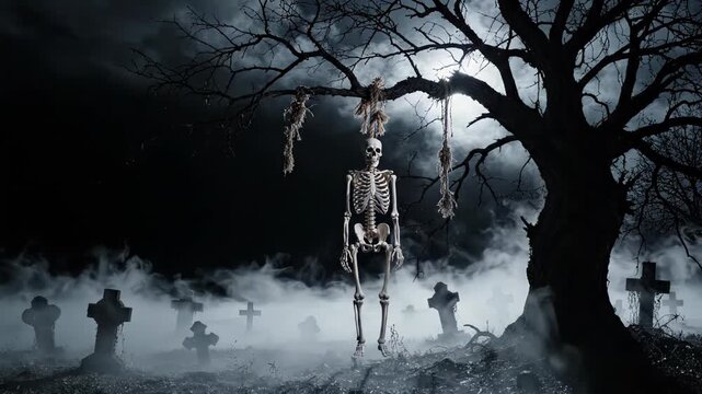 Skeleton hanging from bare tree branch in spooky foggy graveyard