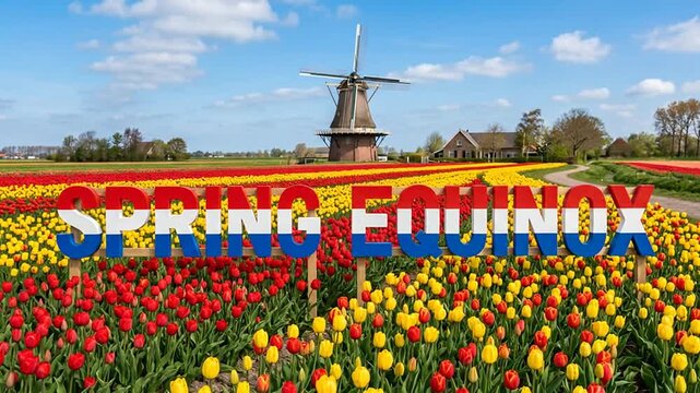 Spring Equinox Sign in a Vibrant Field of Red and Yellow Tulips