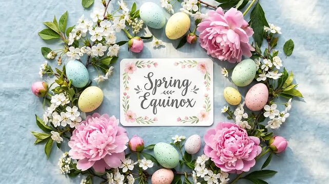 Spring Equinox Greeting Card Surrounded by Pastel Eggs and Fresh Flowers