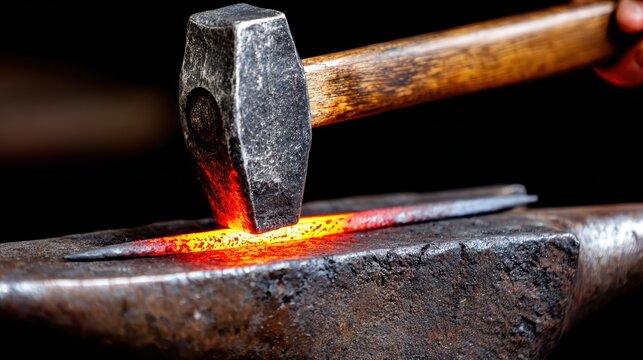 Blacksmith at Work: A blacksmith hammers a glowing hot piece of metal on an anvil, sparks flying in a dramatic display of craftsmanship.