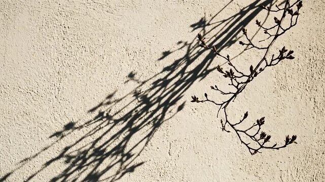 Branch with buds casting dramatic shadows on textured beige wall