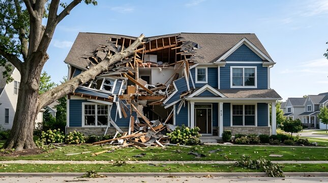 Devastated blue two-story house after large tree falls, causing severe roof and wall damage