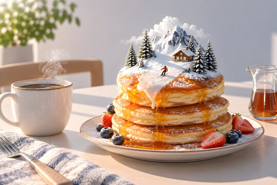 Surreal Snowy Ski Resort on a Stack of Breakfast Pancakes