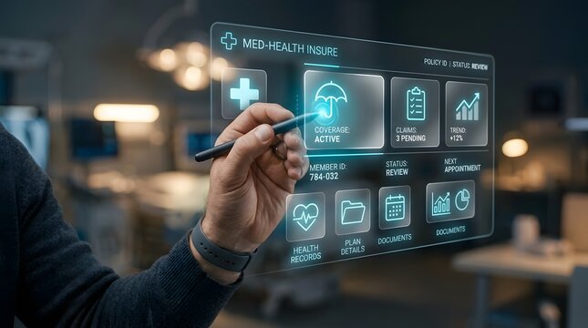 Healthcare insurance digital interface, person using stylus to interact with medical data on futuristic screen